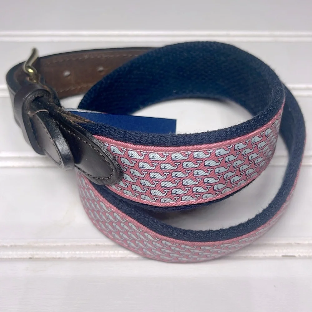VINEYARD VINES EUC Classic Whale Canvas Club Leather Silk Belt